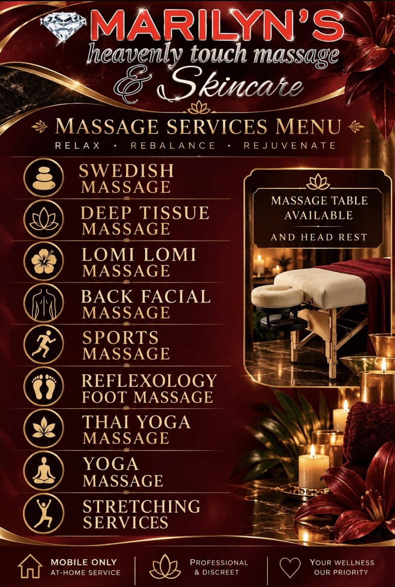 Marilyn's Heavenly Touch Massage and Skincare massage services flyer